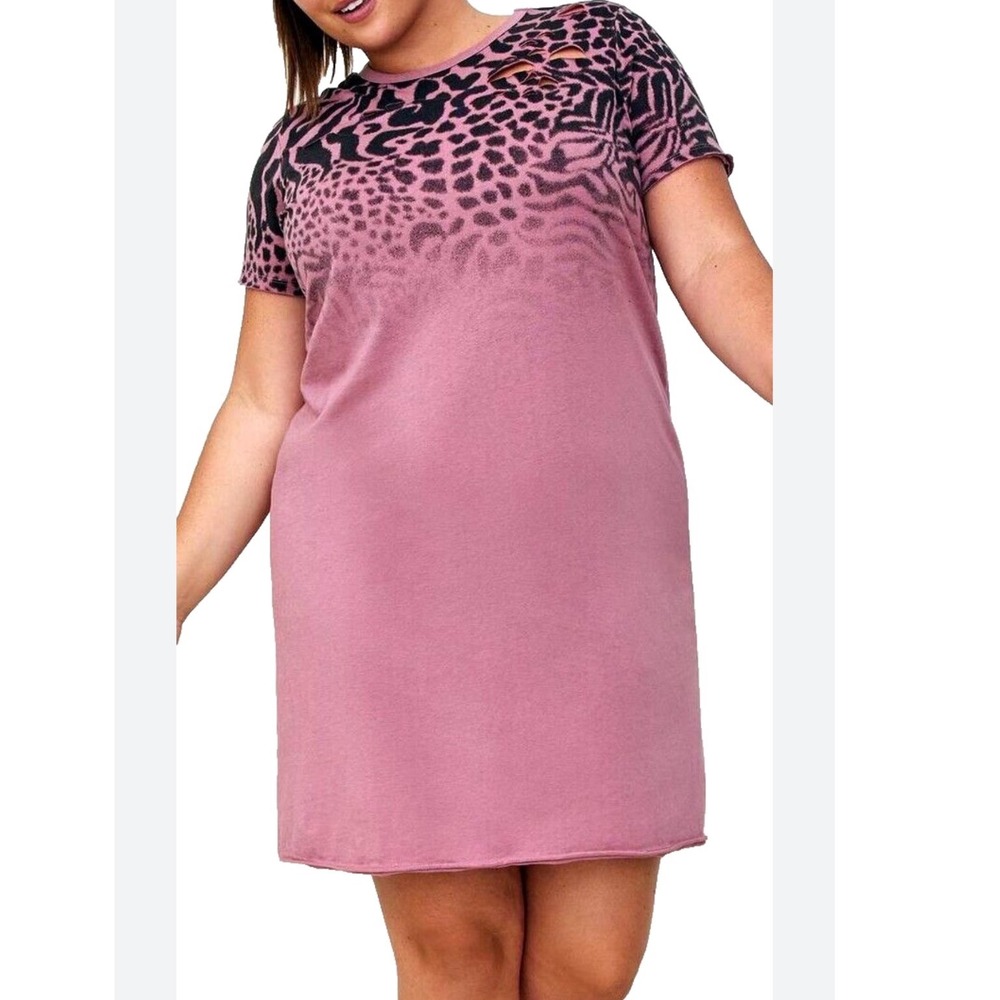 LoveSick Torrid Mauve Pink Animal Print Ombre Distressed T-Shirt Dress Size 1 1X